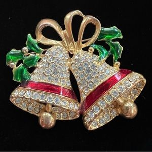Vintage Christmas Brooch Bells Holly Enamel‎ Rhinestone Brooch Marked EUC
